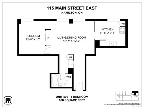 Floor plan for 1 bed, 1 bath